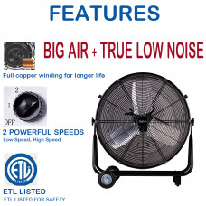 8913cfm ETL 24'' High Velocity Industrial 2-Speed Metal Floor Drum Fan Direct Drive Portable Tilt Drum Blower Fan